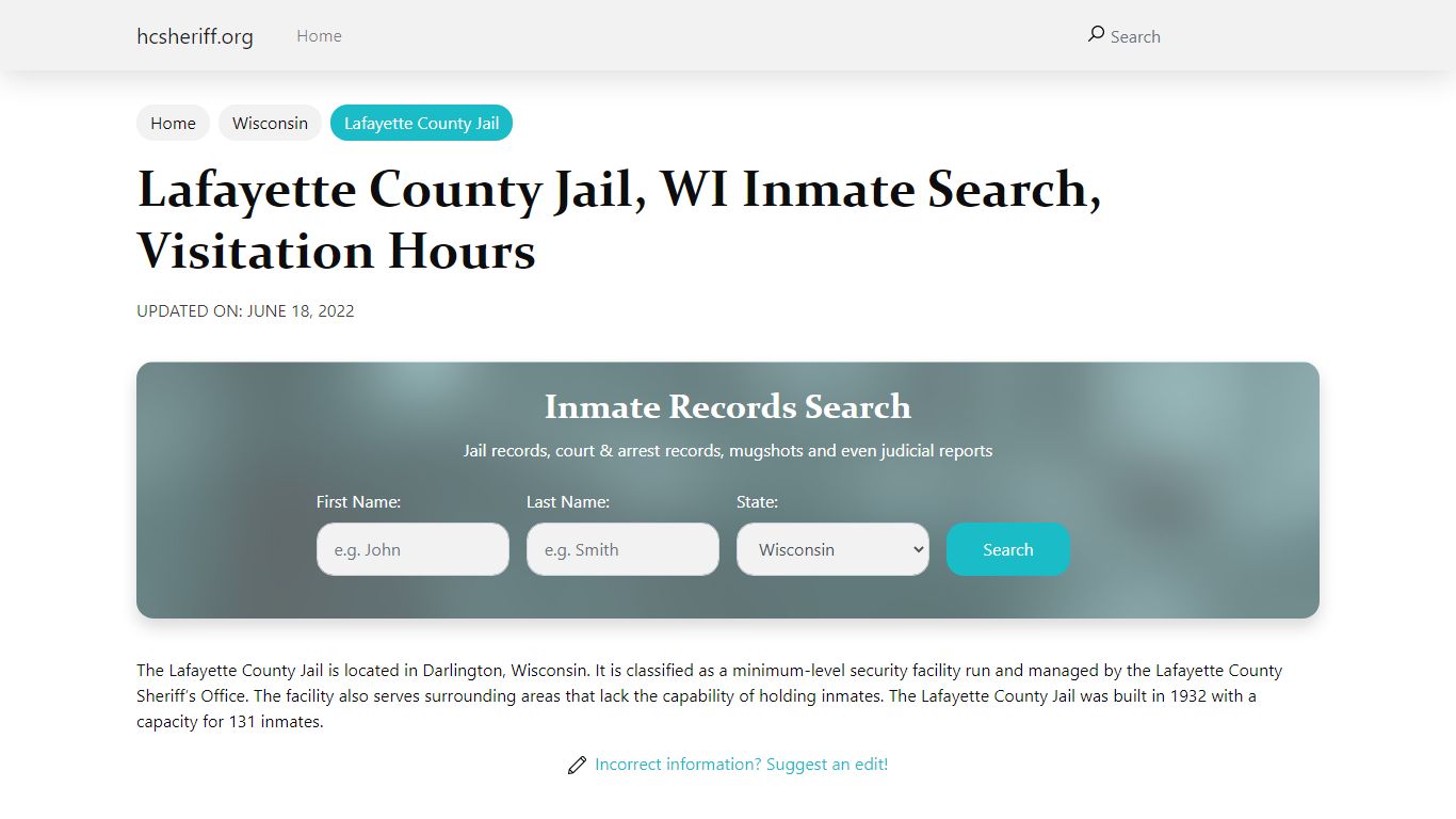Lafayette County Jail, WI Inmate Search, Visitation Hours